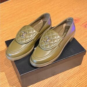 CHANEL Olive Quilted Loafers